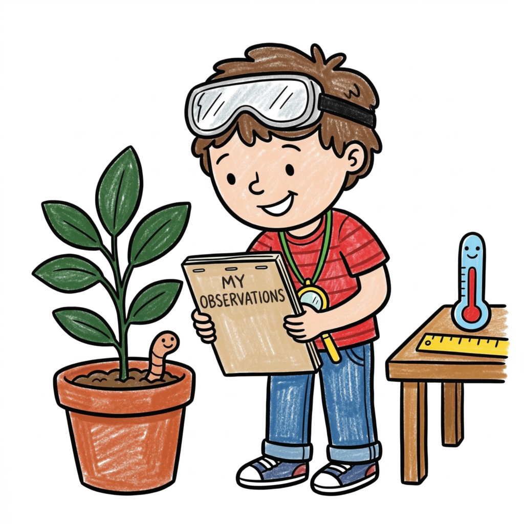 A grade one student demonstrating STEM skills through observation and communicaiton.